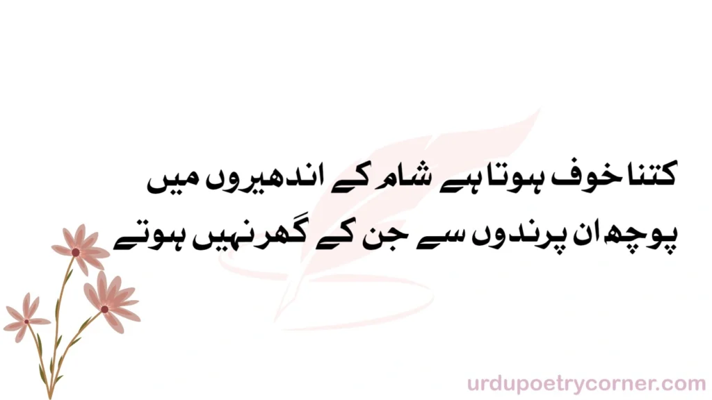 Ghalib poetry 7 Kitna khauf hota hai shaam ke andheron mein
Pooch un parindon se jin ke ghar nahin hotay